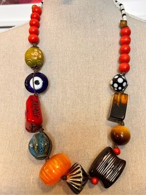Chunky Eclectic Artisan Beaded Mixed-Media Necklace, Bold Unique Boho Evil Eye